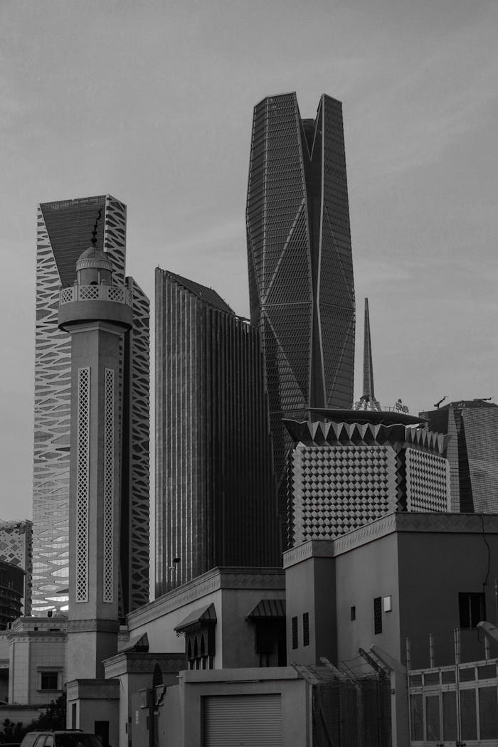 Black and white view of Riyadhs striking modern skyline with unique architecture.